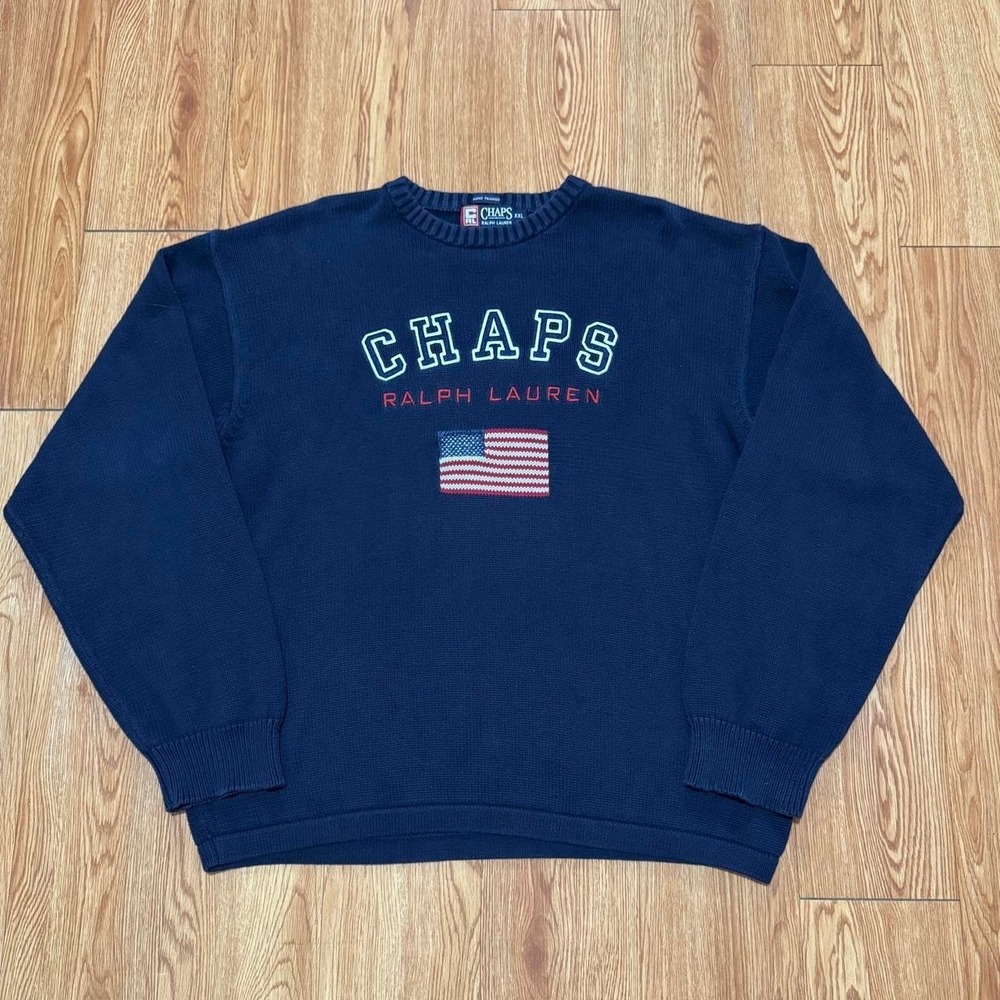 Chaps Ralph Lauren Men's Sweater 2XL Flag Knit Chunky Blue Cotton Hand Framed